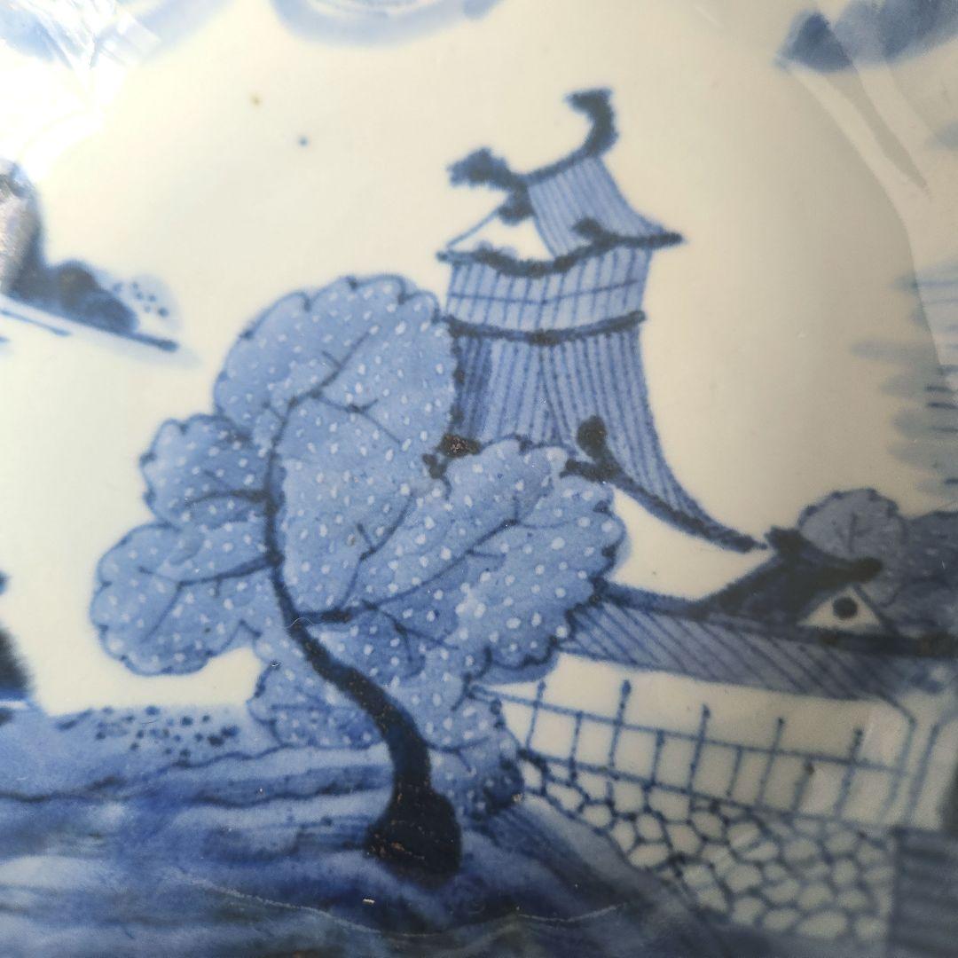 無傷　完品　古伊万里　染付　深皿　城　石垣　江戸時代　アンティーク　骨董　金継ぎ