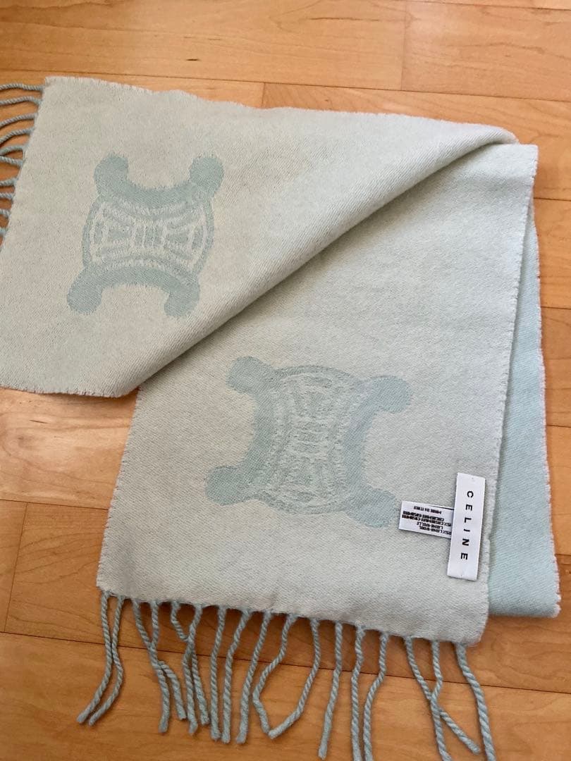 Used CELINE 水色 ライトブルー マフラー フリンジ付き
