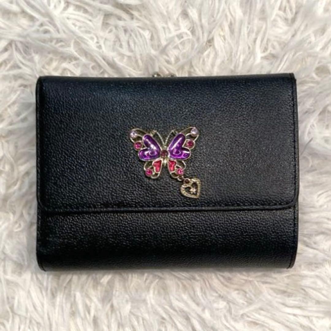【美品】ANNA SUI バタフライ　レザー　がま口　二つ折り財布