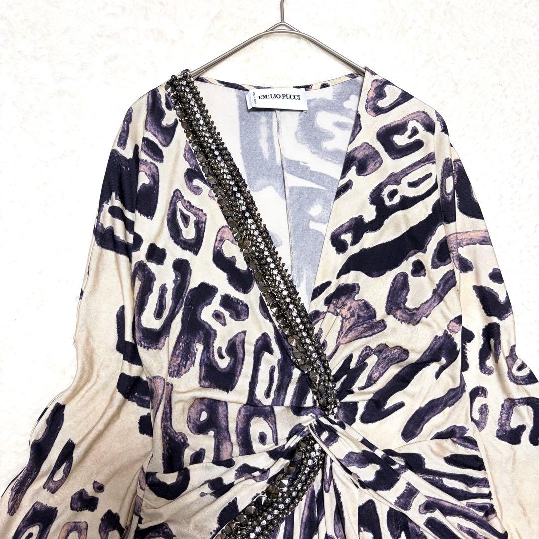 【Emilio Pucci】ワンピース ビジュー付 総柄 イタリヤ製 Vネック