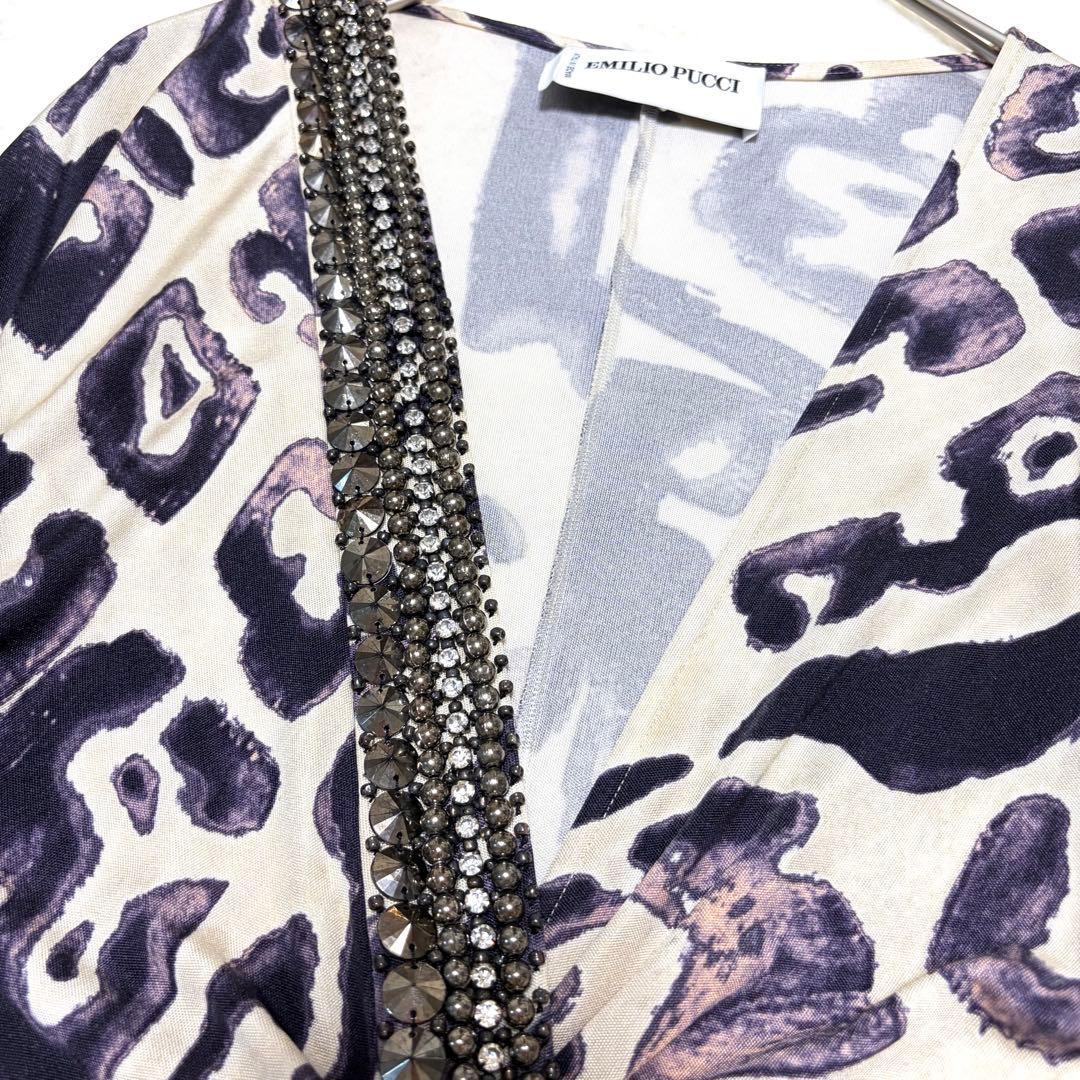 【Emilio Pucci】ワンピース ビジュー付 総柄 イタリヤ製 Vネック