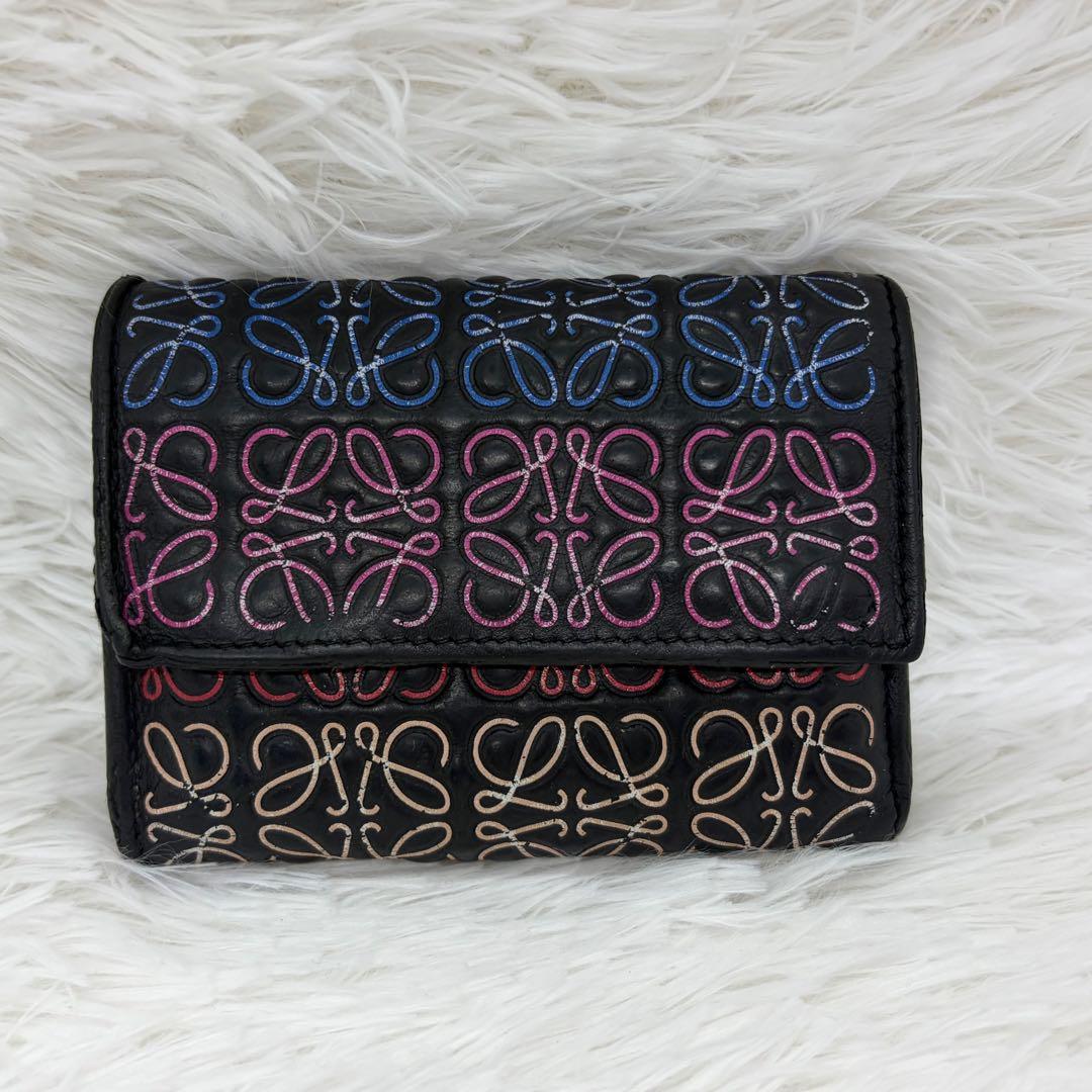 美品✨️ロエベ 三つ折り財布 リピートアナグラム レザー 黒 マルチカラー