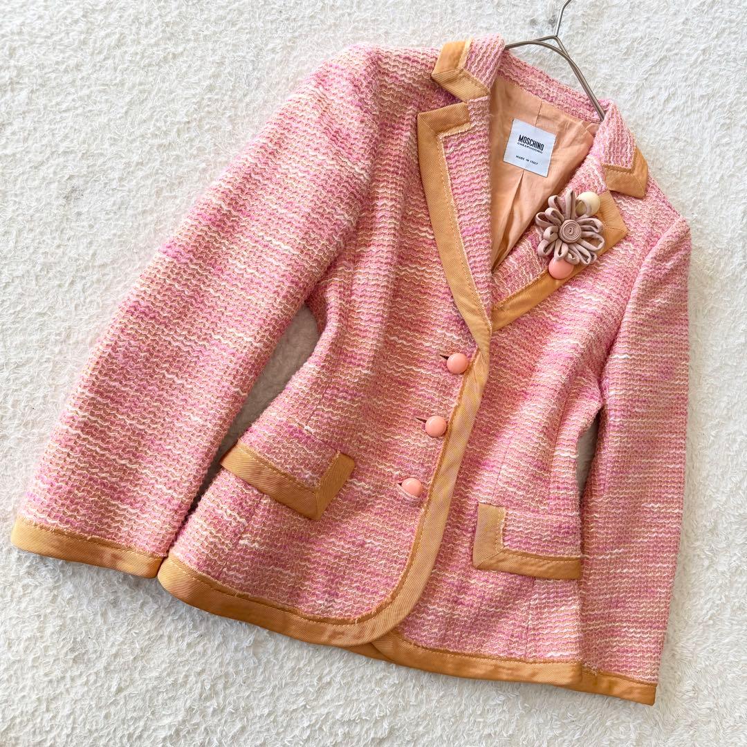 モスキーノ ツイード ジャケット コサージュ イタリア製 S相当 ピンク 美品