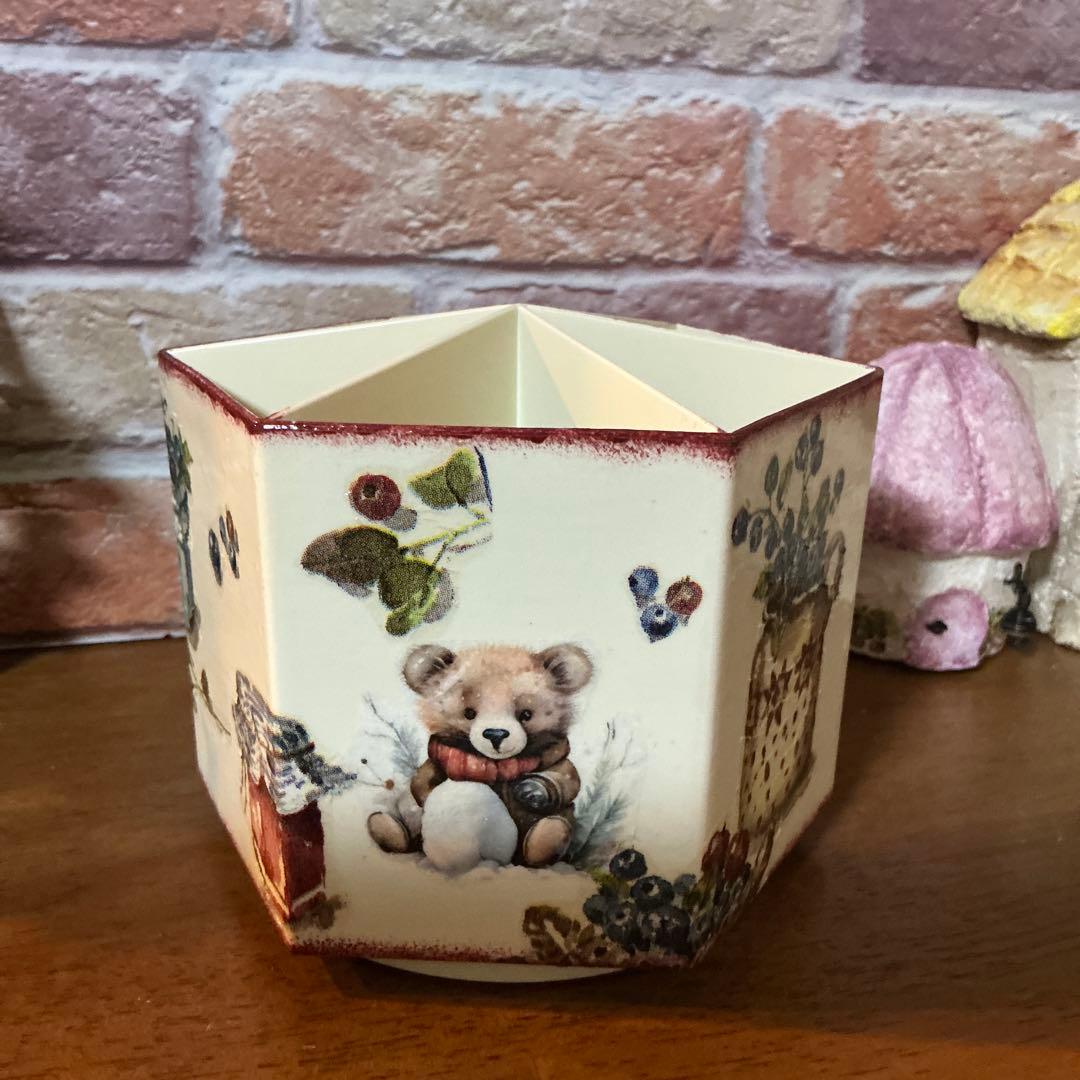 デコパージュ　ハンドメイド　回転式ペン立て　クマちゃん　うさぎちゃん