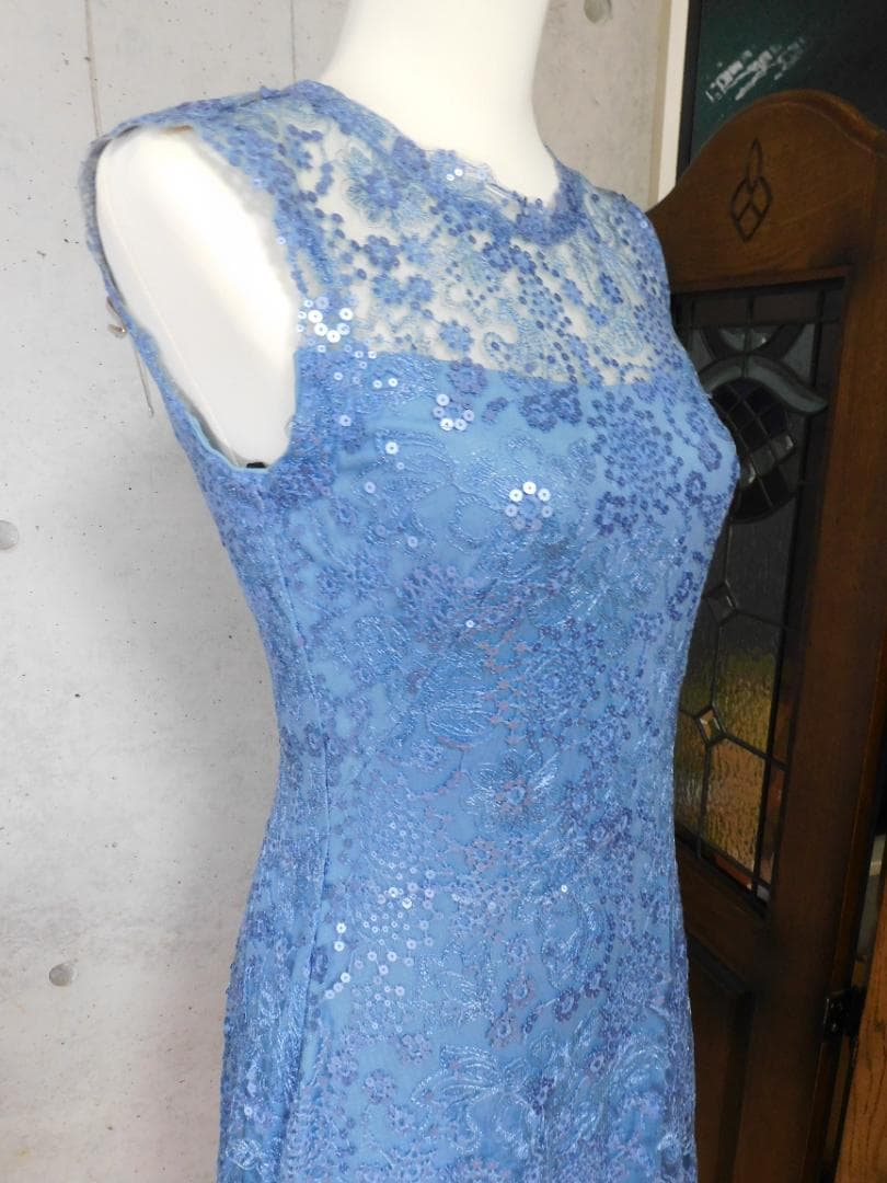 TadashiShojiタダシショージ 水色花柄レース　スパンコールワンピース2
