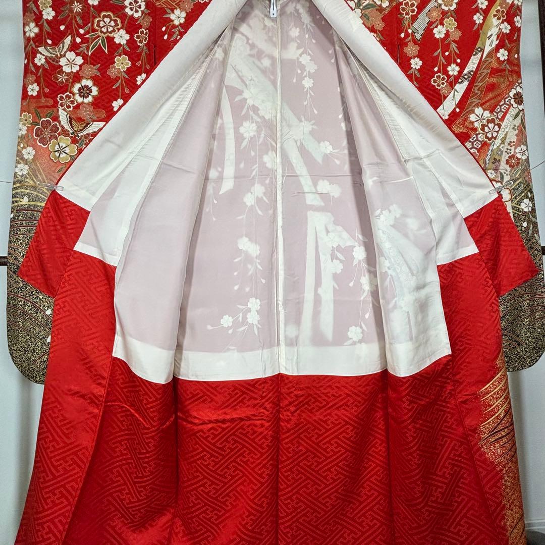 超美品　正絹　現代　振袖　成人式　着物　174裄67 赤　朱色　熨斗　蝶々　茶色