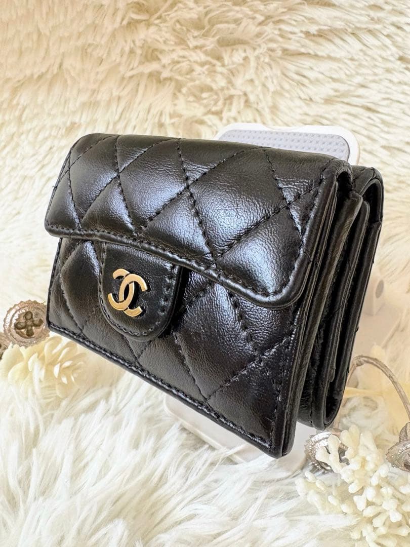 【極美品！】CHANEL マセラッテイ ブラック ラムレザー Wホック三つ折財布