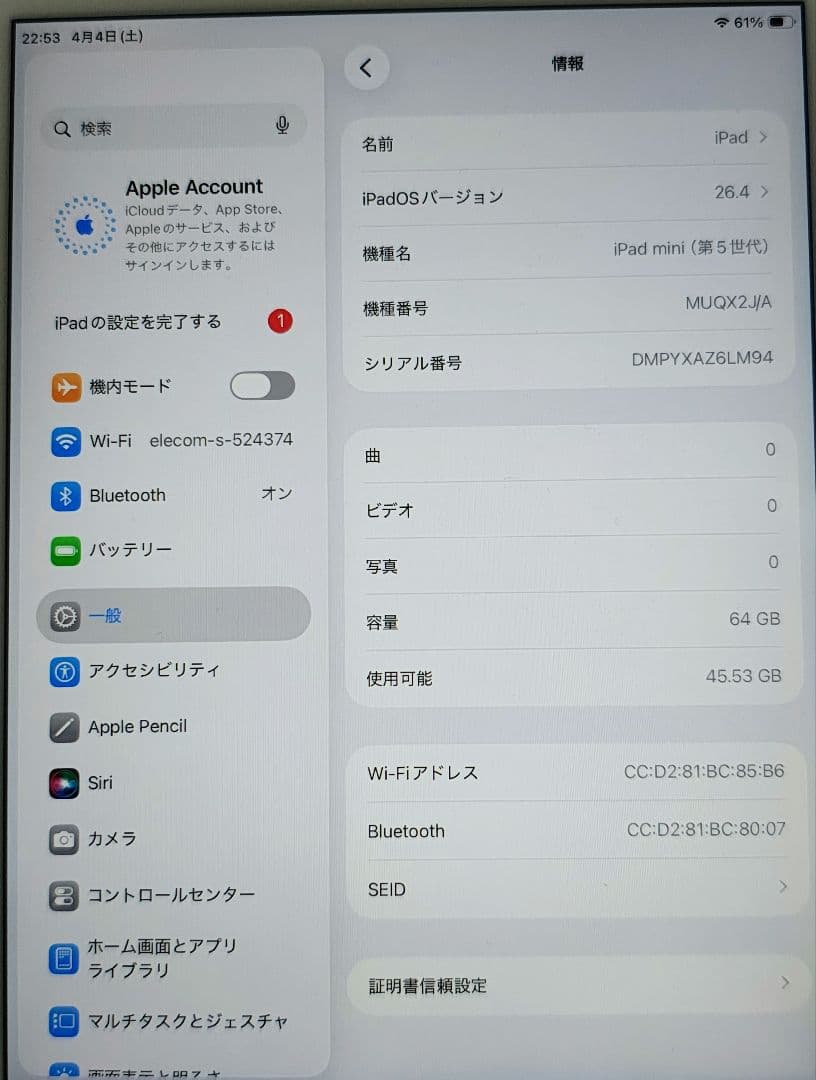 バッテリー91%【iPad mini 5世代 64GB WiFi】充放電363回