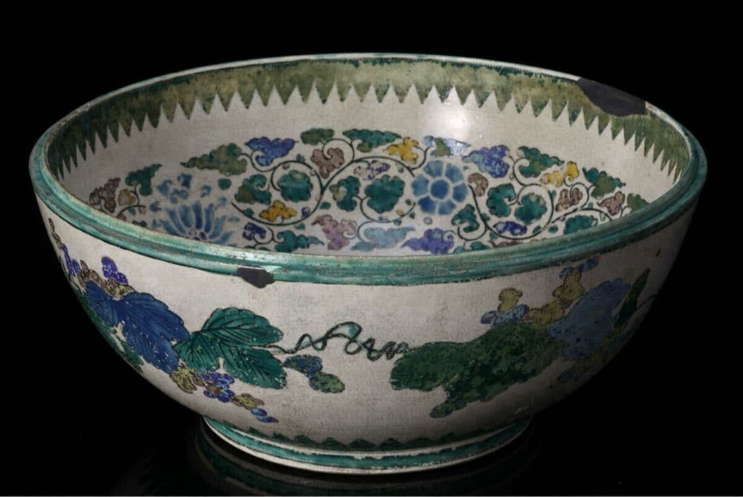 中国 陶器古伊万里 青手 纏枝花開光花図 大飾 和食器 色絵 大皿 骨董