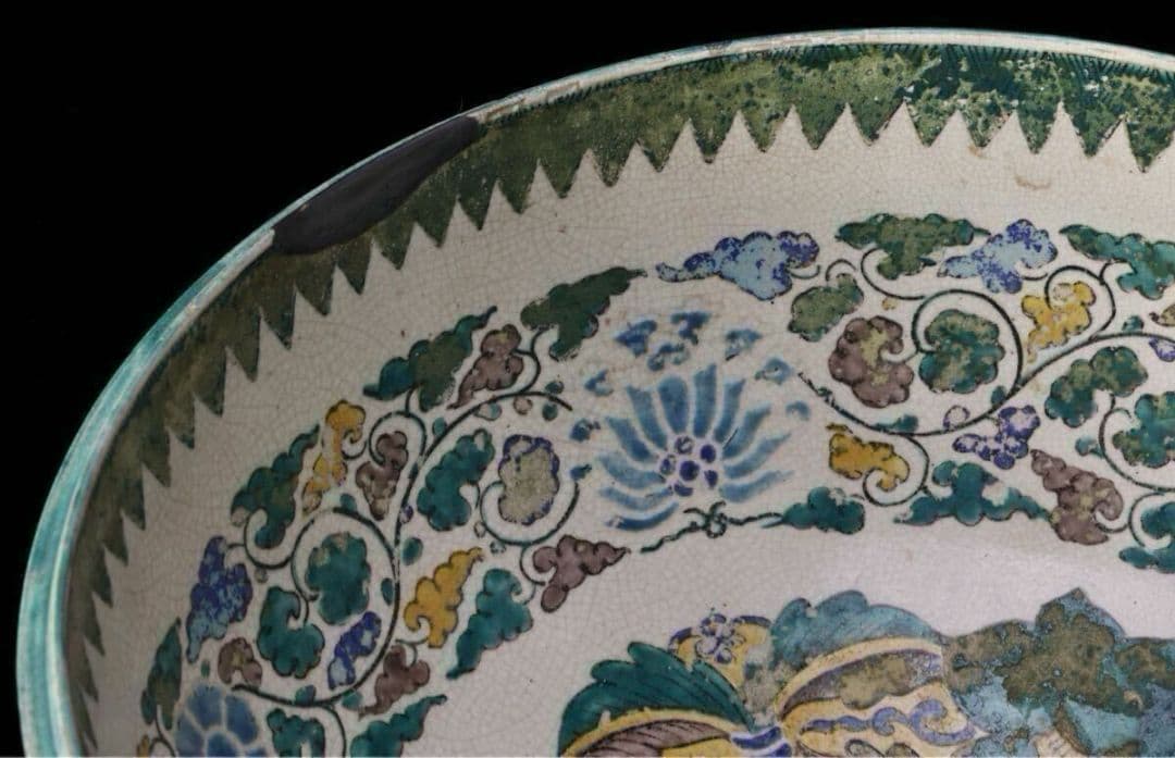 中国 陶器古伊万里 青手 纏枝花開光花図 大飾 和食器 色絵 大皿 骨董