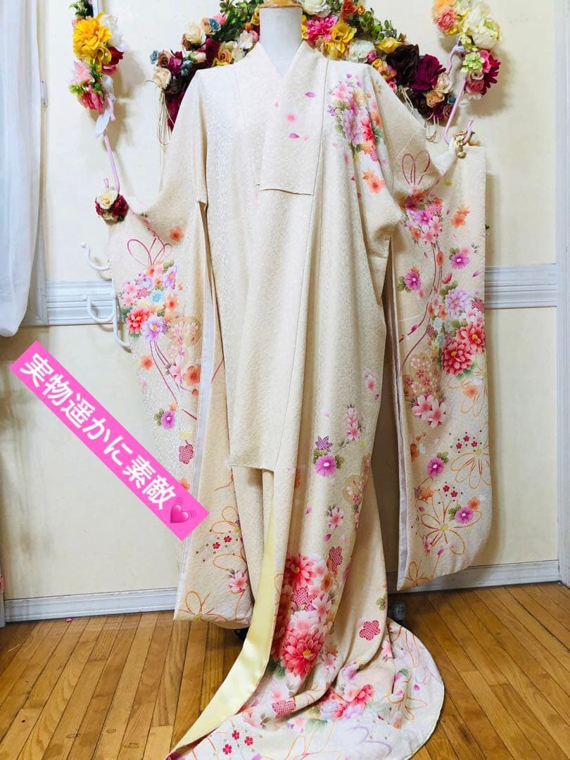 振袖正絹フルセット‼️豪華絢爛クリームラメキッラキラ ⭐︎花々金彩刺繍⭐︎新品豪華袋帯