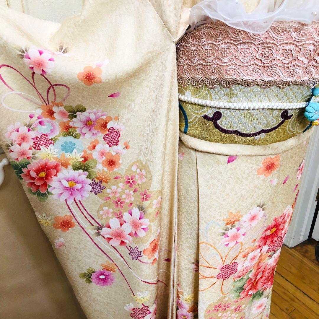 振袖正絹フルセット‼️豪華絢爛クリームラメキッラキラ ⭐︎花々金彩刺繍⭐︎新品豪華袋帯
