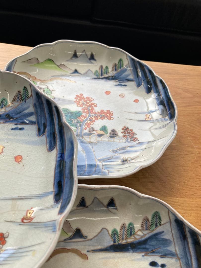 値下げ！古伊万里　染付　金彩　色絵　輪花中皿　山水画 骨董品　大皿　5枚セット