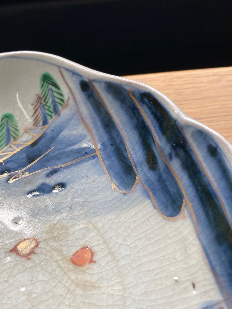 値下げ！古伊万里　染付　金彩　色絵　輪花中皿　山水画 骨董品　大皿　5枚セット