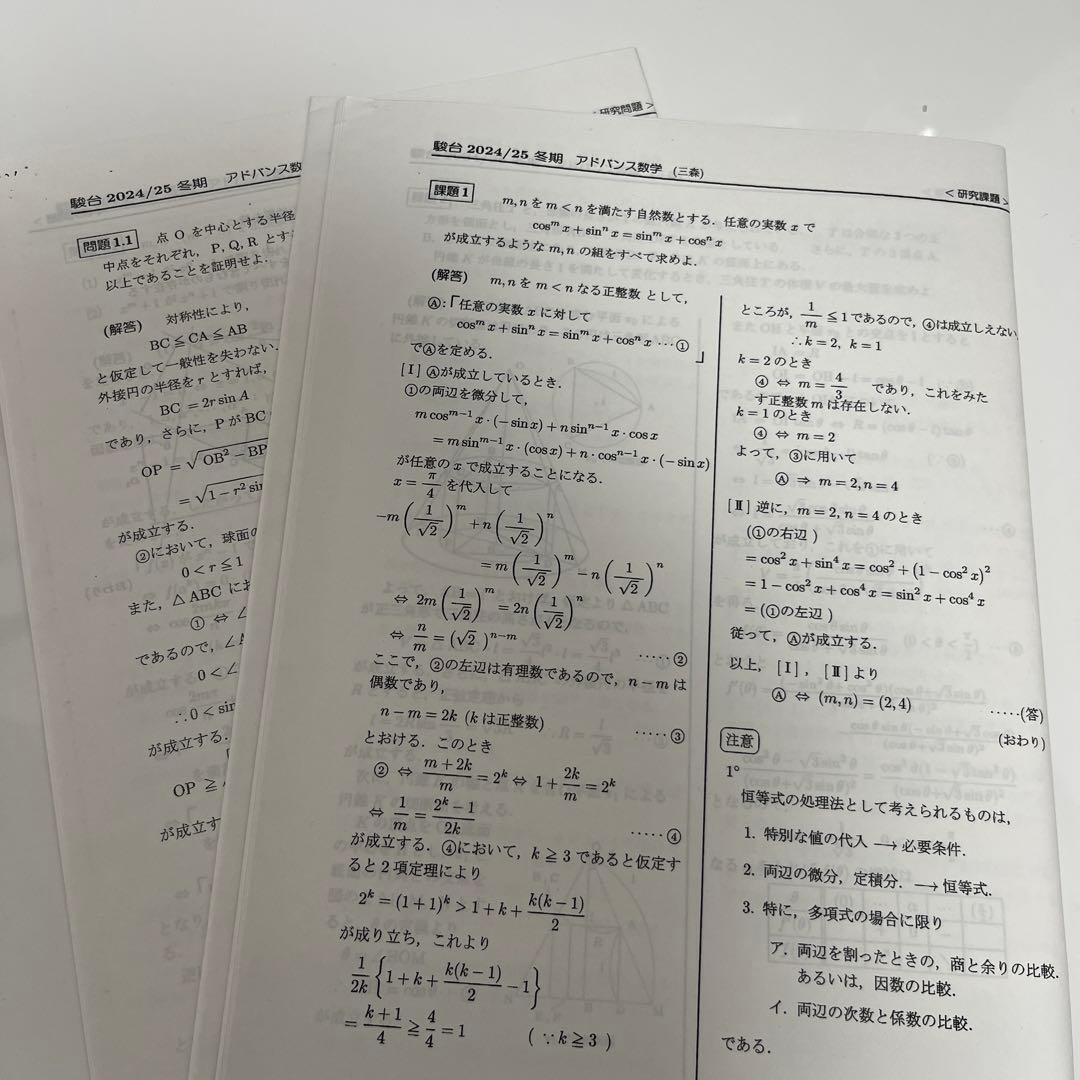 三森司　アドヴァンス数学　テキスト解答研究問題付き 2024冬期