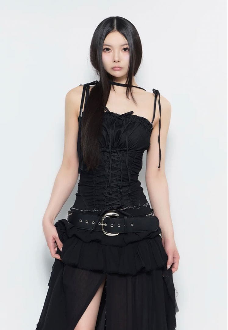 トップス theredthread veil bare tops black