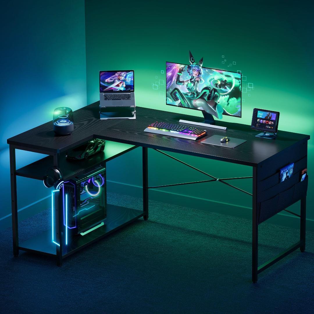 L字ゲーミングデスク 幅107cm 収納棚付 コーナー ブラック