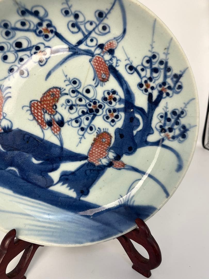 中国美術　明清時代　青花釉里紅花鳥図皿　染付　青花