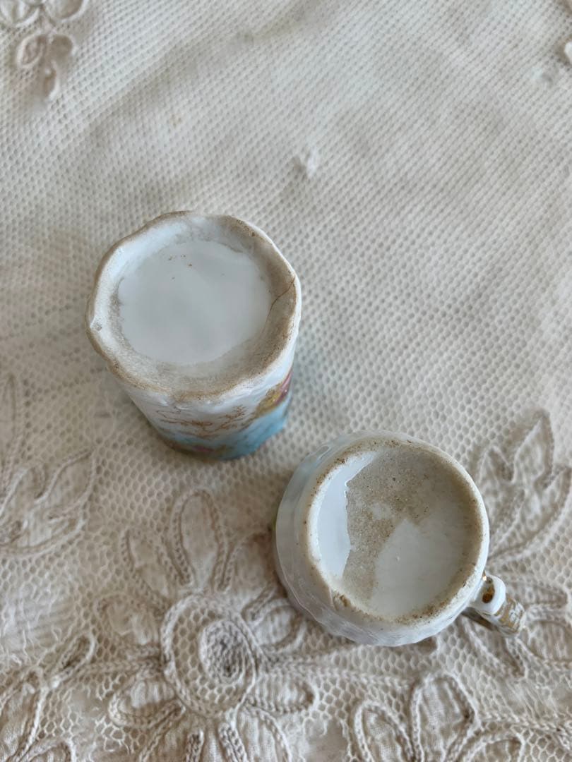 フランスアンティーク陶器デミタスカップ5点＆ロココリボンレース装飾パニエset