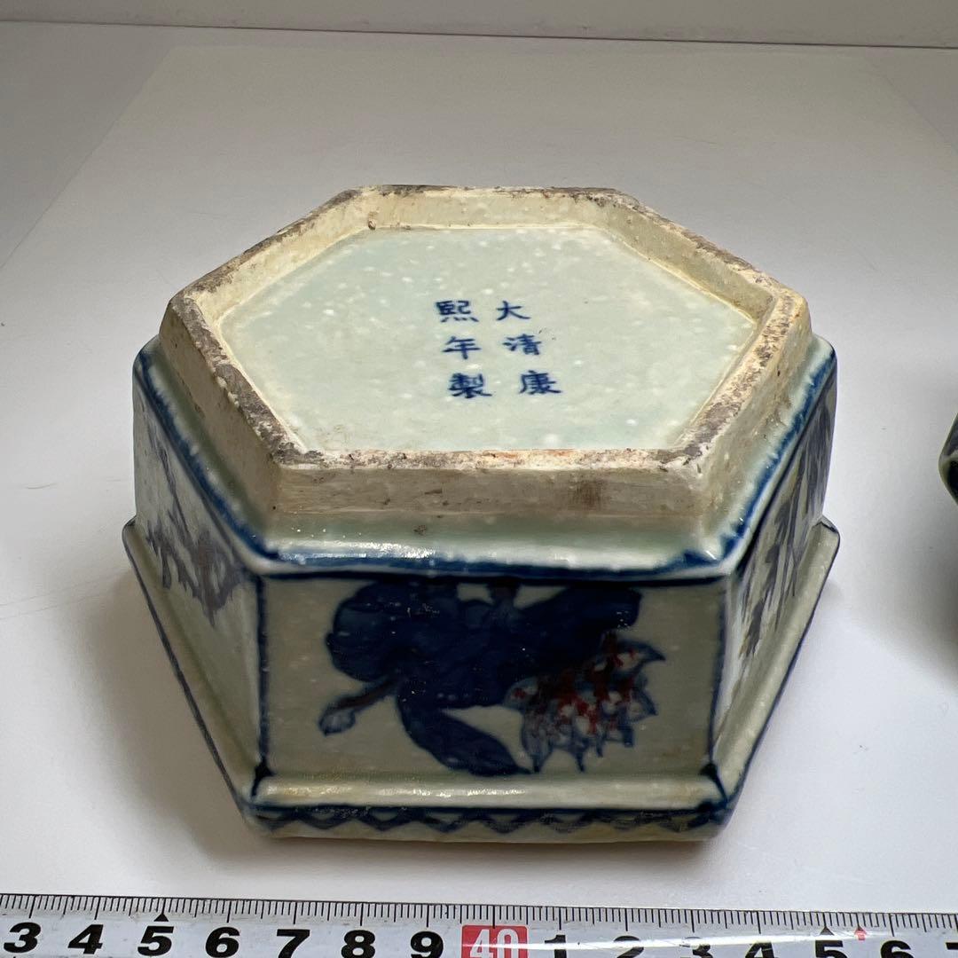 中国美術　釉裏紅六角蓋物　幅約14㎝ 東Y7-0603①