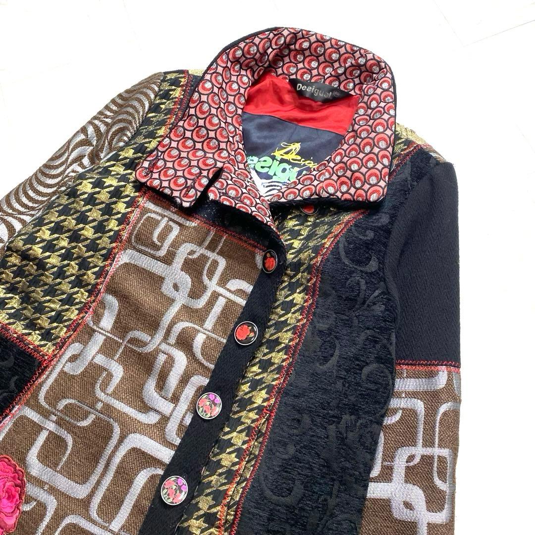 美品✨Desigual ジャガード　切り替え　総柄　薔薇　コート　3XL 派手