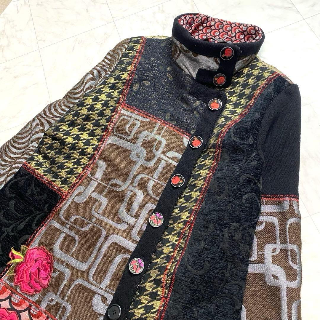 美品✨Desigual ジャガード　切り替え　総柄　薔薇　コート　3XL 派手