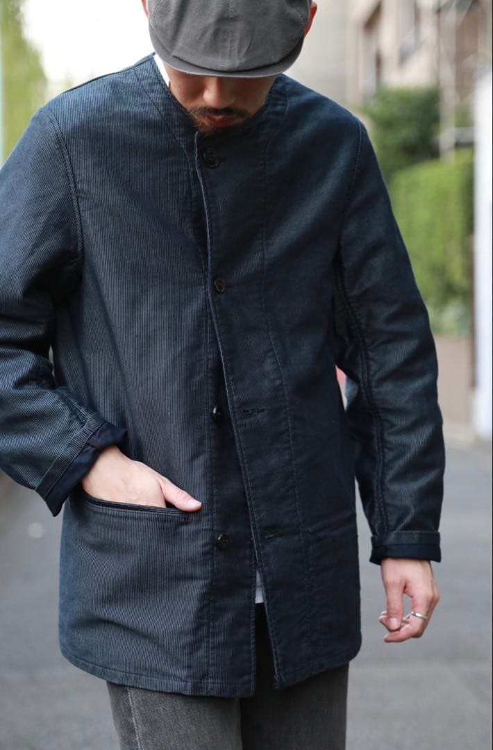 OUTIL veste antsiramana ノーカラージャケット　ストライプ