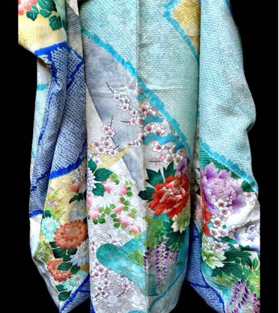 刺繍　絞り　金彩　振袖 水色　多色 　菊　牡丹　藤　四季の花々　花柄