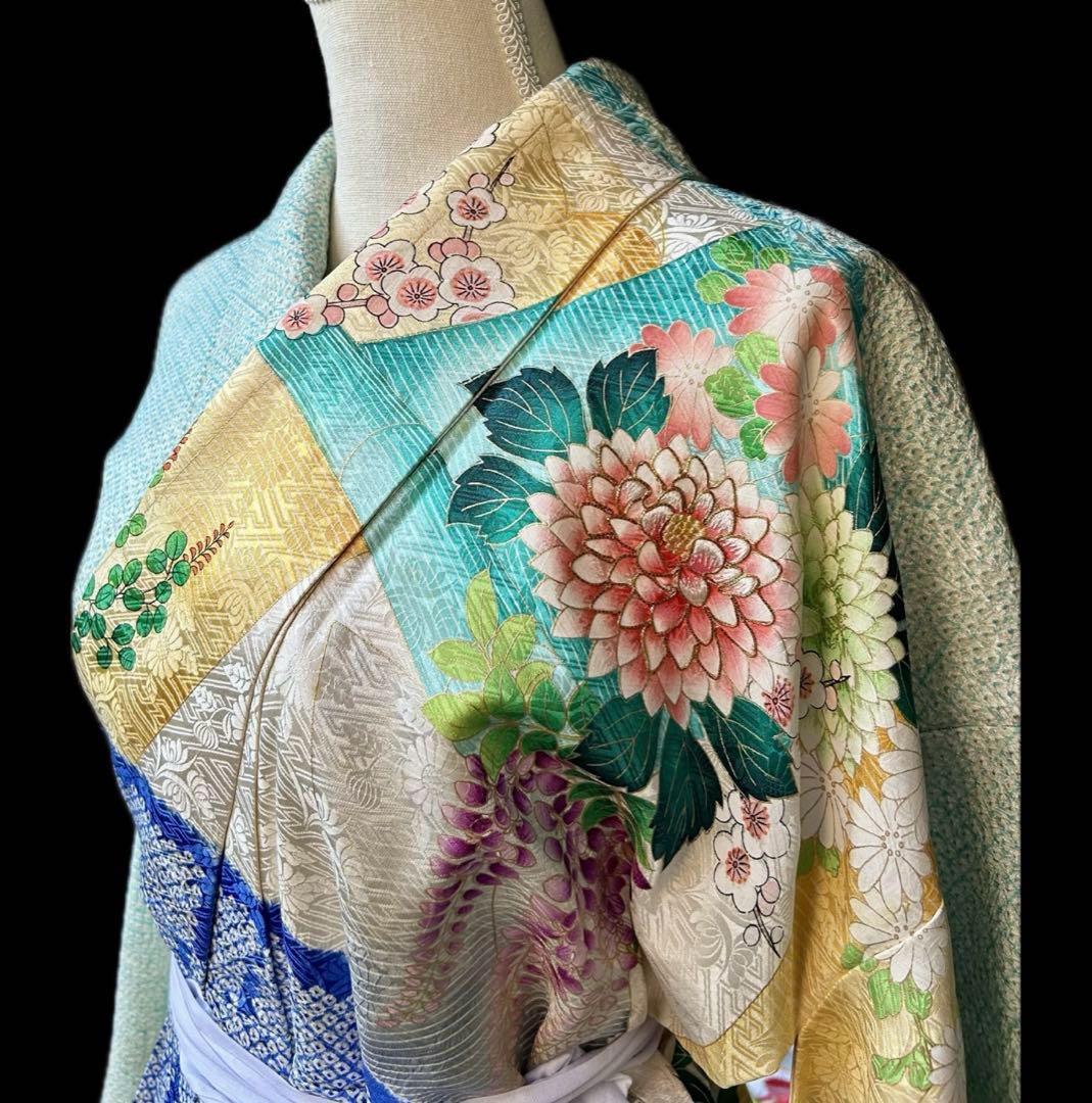刺繍　絞り　金彩　振袖 水色　多色 　菊　牡丹　藤　四季の花々　花柄
