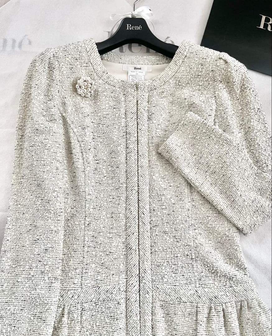 美品♡Reneルネ♡ニットツイードワンピース アイボリー系 38 卒業式 入学式