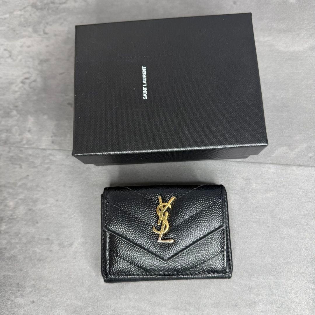 ★美品★サンローラン 三つ折り財布 Vステッチ キャビアスキン YSL ブラック