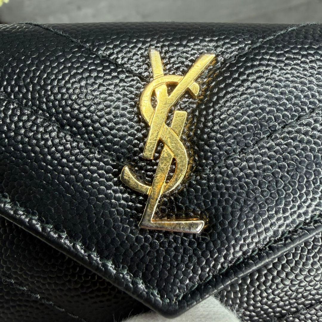 ★美品★サンローラン 三つ折り財布 Vステッチ キャビアスキン YSL ブラック