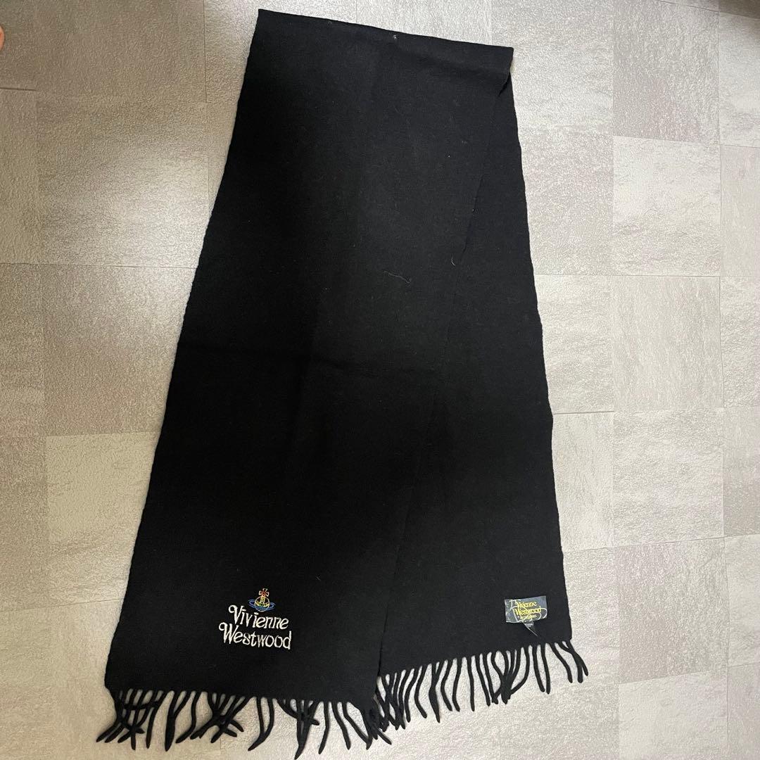 美品 Vivienne Westwood マフラー ブラック ウール ロゴ刺繍