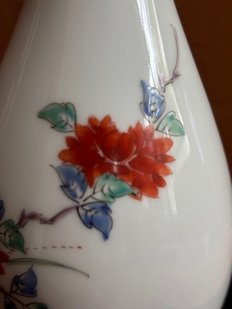 有田名工樋渡陶六作色絵牡丹花文鶴首瓶　検萬二　忠右衛門