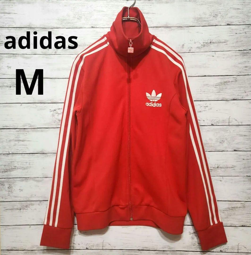 adidas トラックジャケット 赤 M 刺繍ロゴ ライン アディダス ジャージ