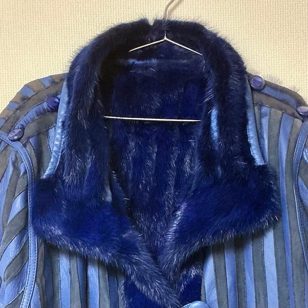 ブルー系 ファー付き コート ロング丈 ストライプ レディース