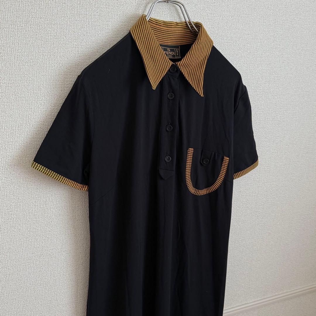 FENDI JEANS フェンディ ポロワンピース ロゴ 黒 マキシ丈 半袖 R