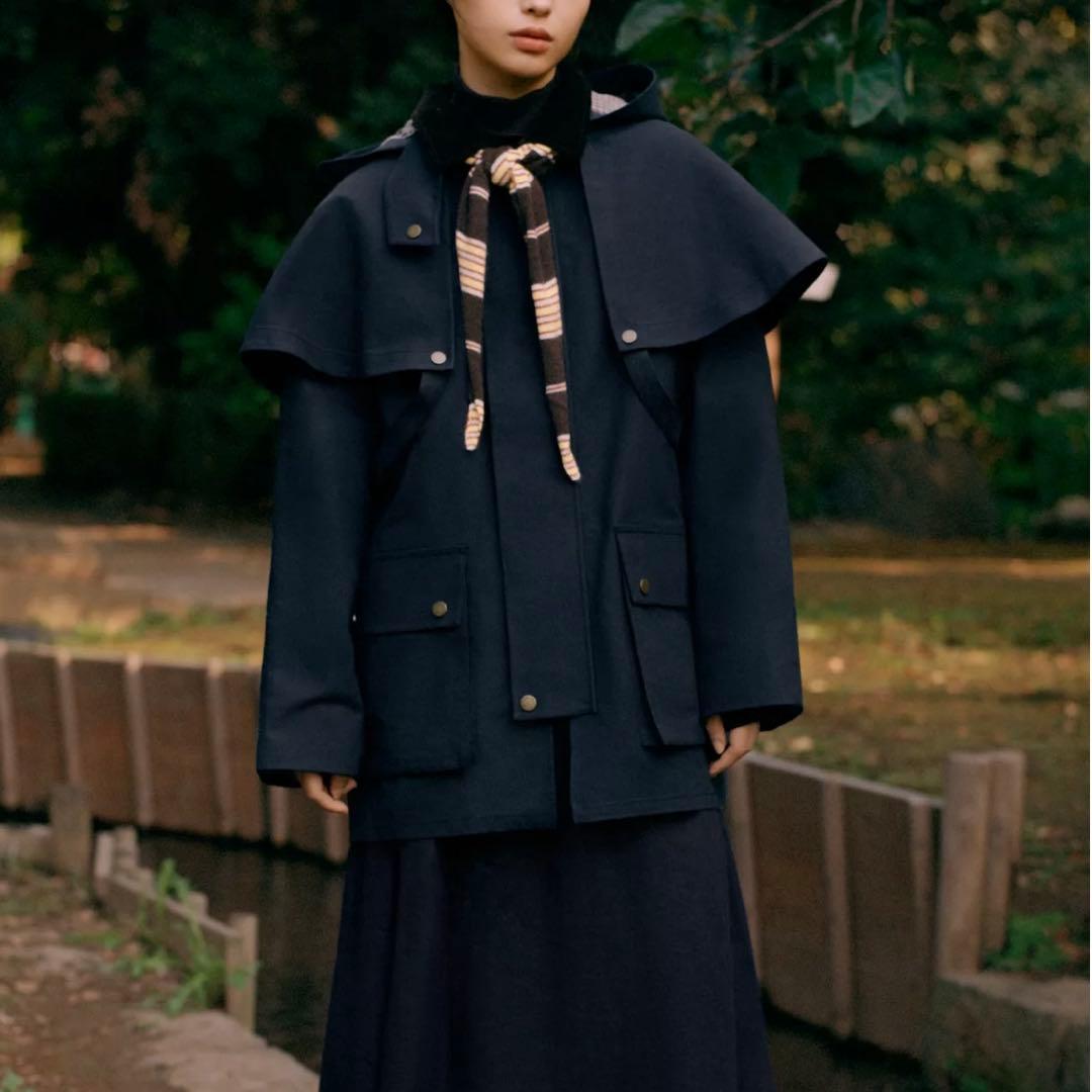新品 ZARA コントラストラペルフード付き トレンチコート ネイビー Mサイズ