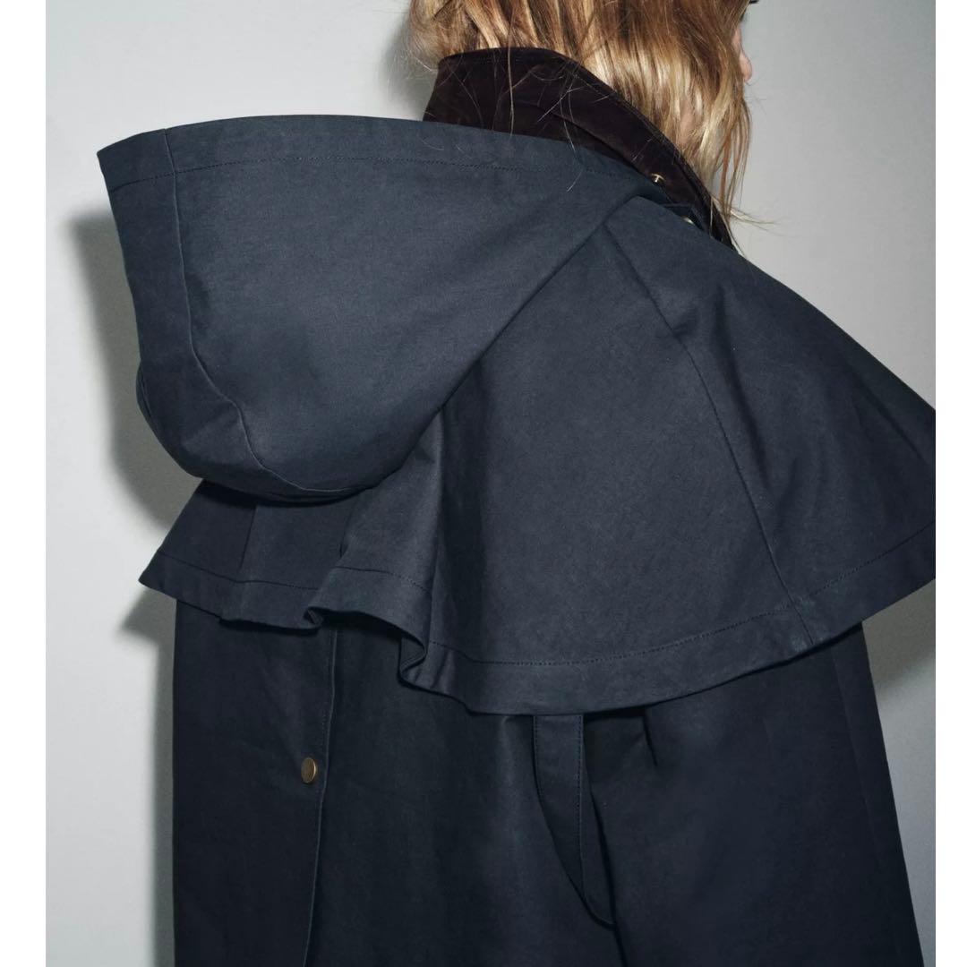 新品 ZARA コントラストラペルフード付き トレンチコート ネイビー Mサイズ